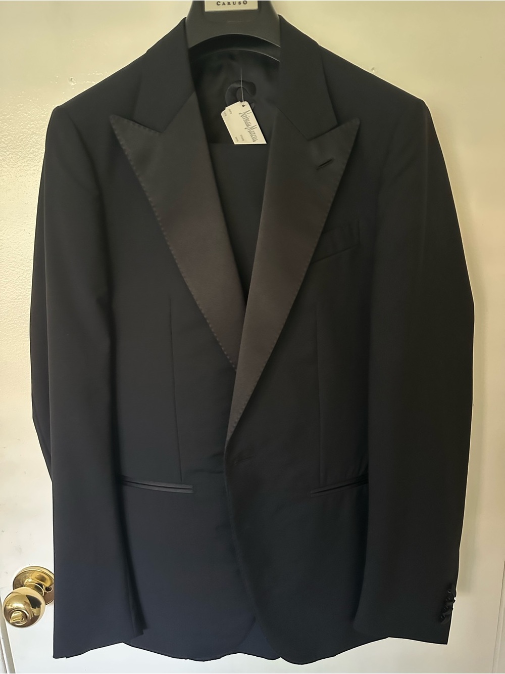 Caruso Black Peak-Lapel Satin Tuxedo suit